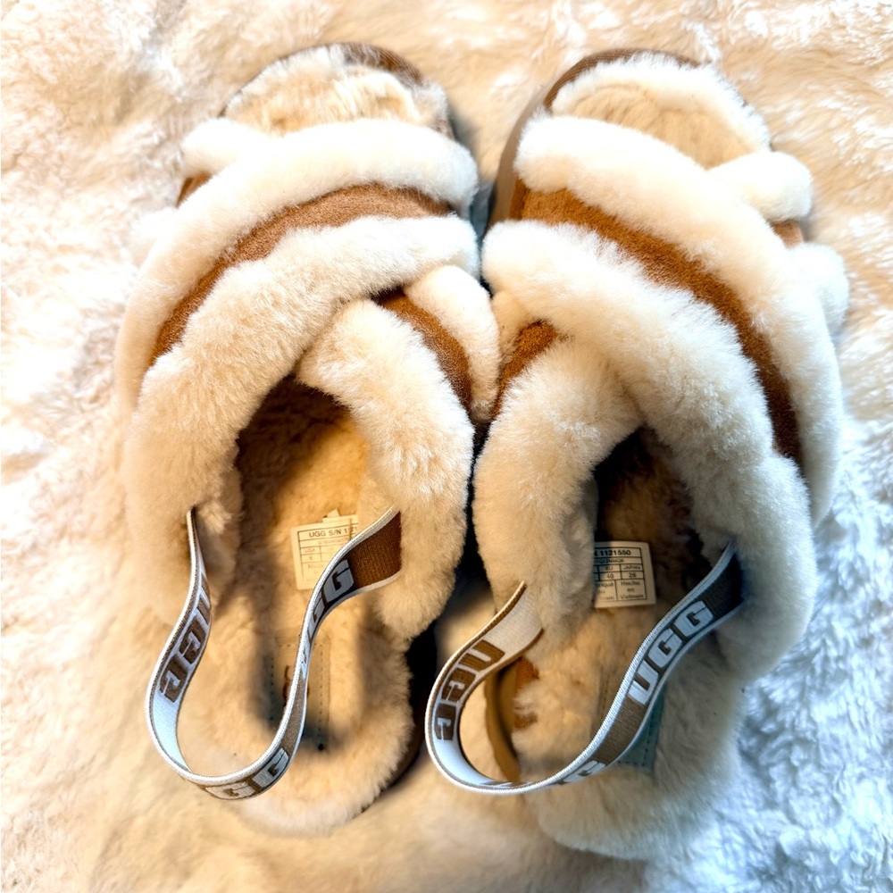 UGG Shearling Crisscross Slide Sandals in Chestnut and Cream